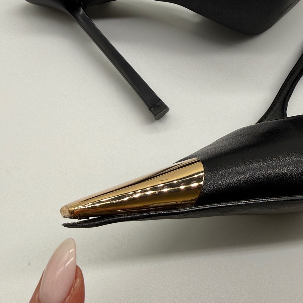 Black Slingback Heels Gold Metal Pointed Toe Stiletto Pumps Size 9 - Picture 7 of 11